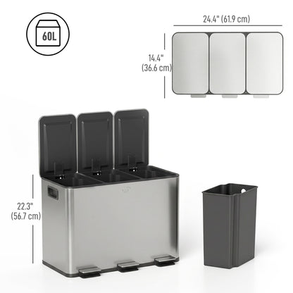 Poubelle triple compartiment fermeture douce pédale