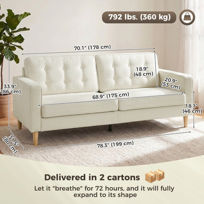 Sofa 3 places capitonné en velours avec pieds en bois