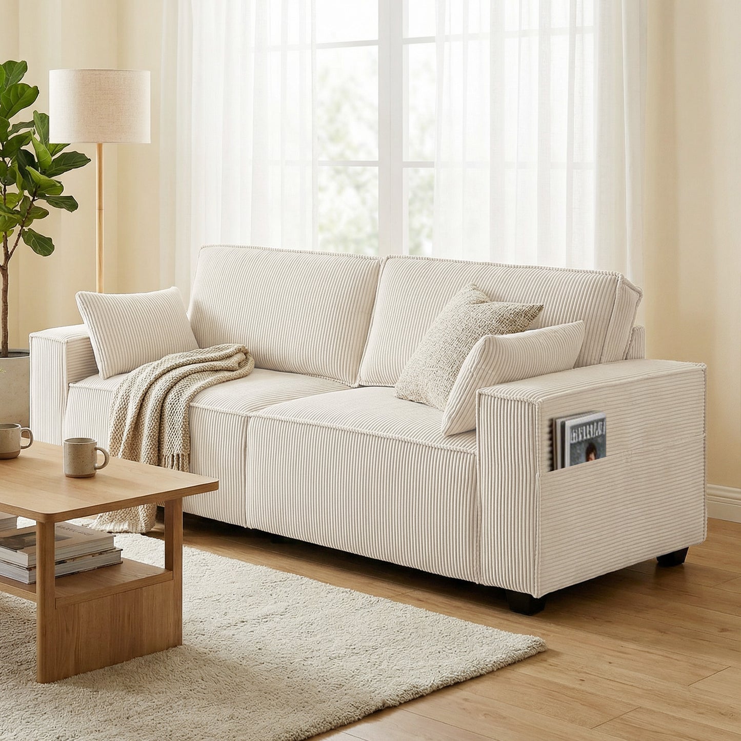Sofa 3 places à ressorts ensachés en velours côtelé