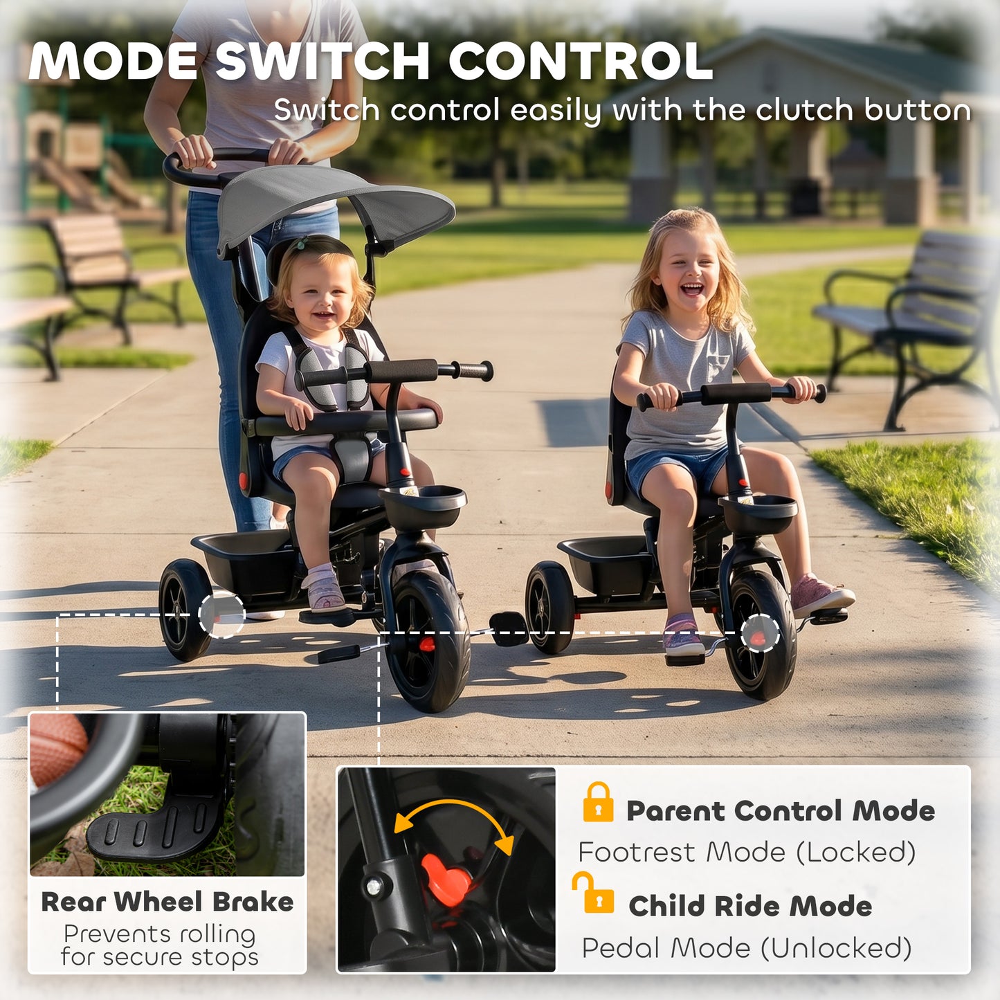 Tricycle évolutif 5-en-1 avec poignée parentale