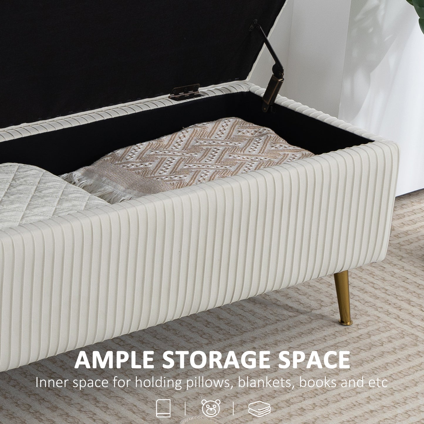 Banc coffre rembourré avec pieds dorés 109 cm