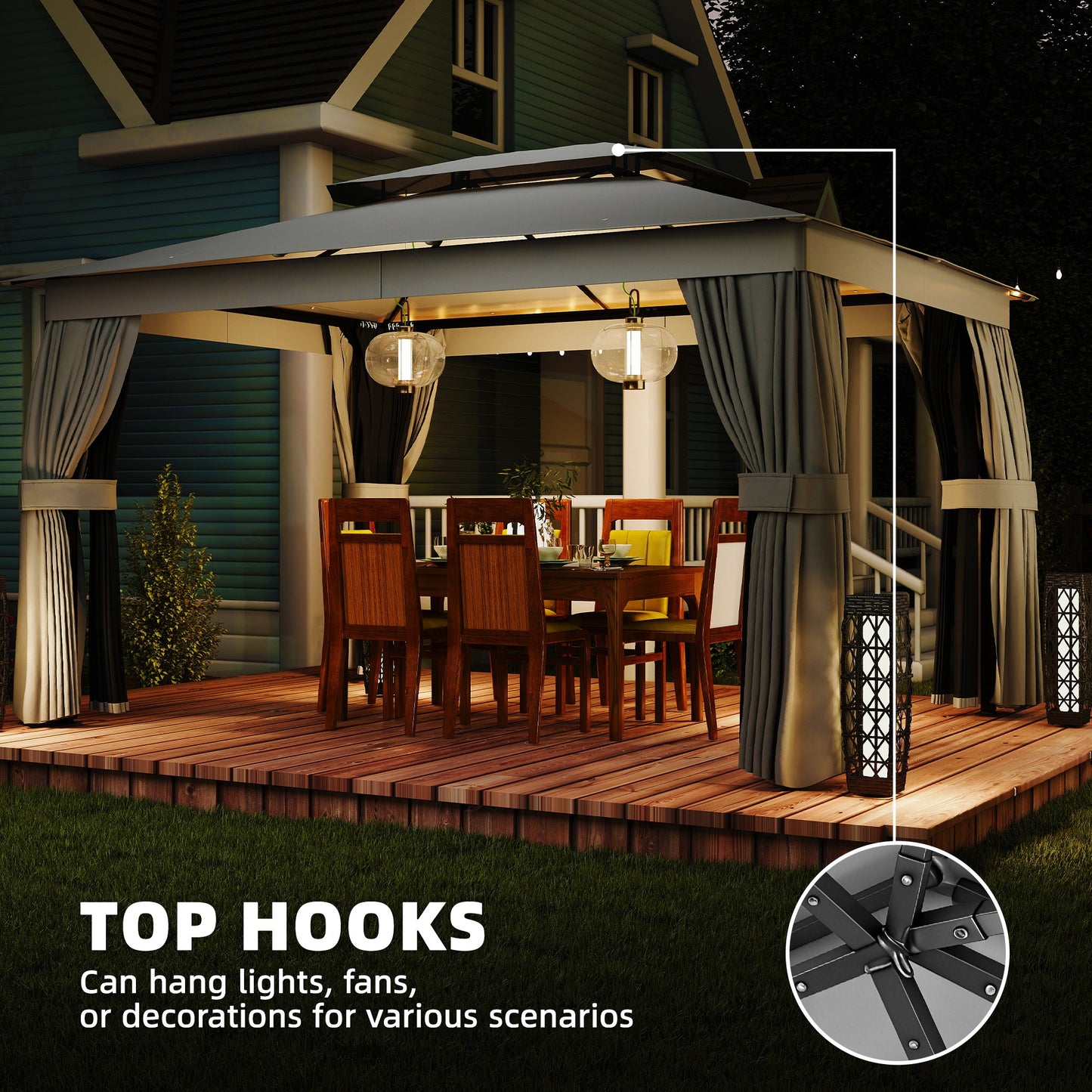 Gazebo extérieur double toit avec rideaux et moustiquaire 10' x 12.5'