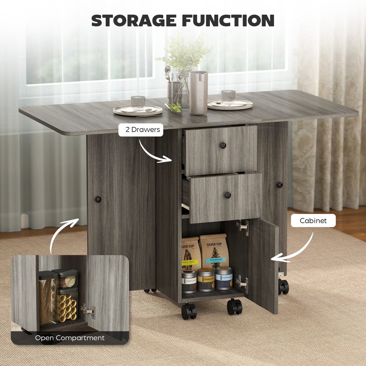Table à manger pliante escamotable avec rangement à roulettes