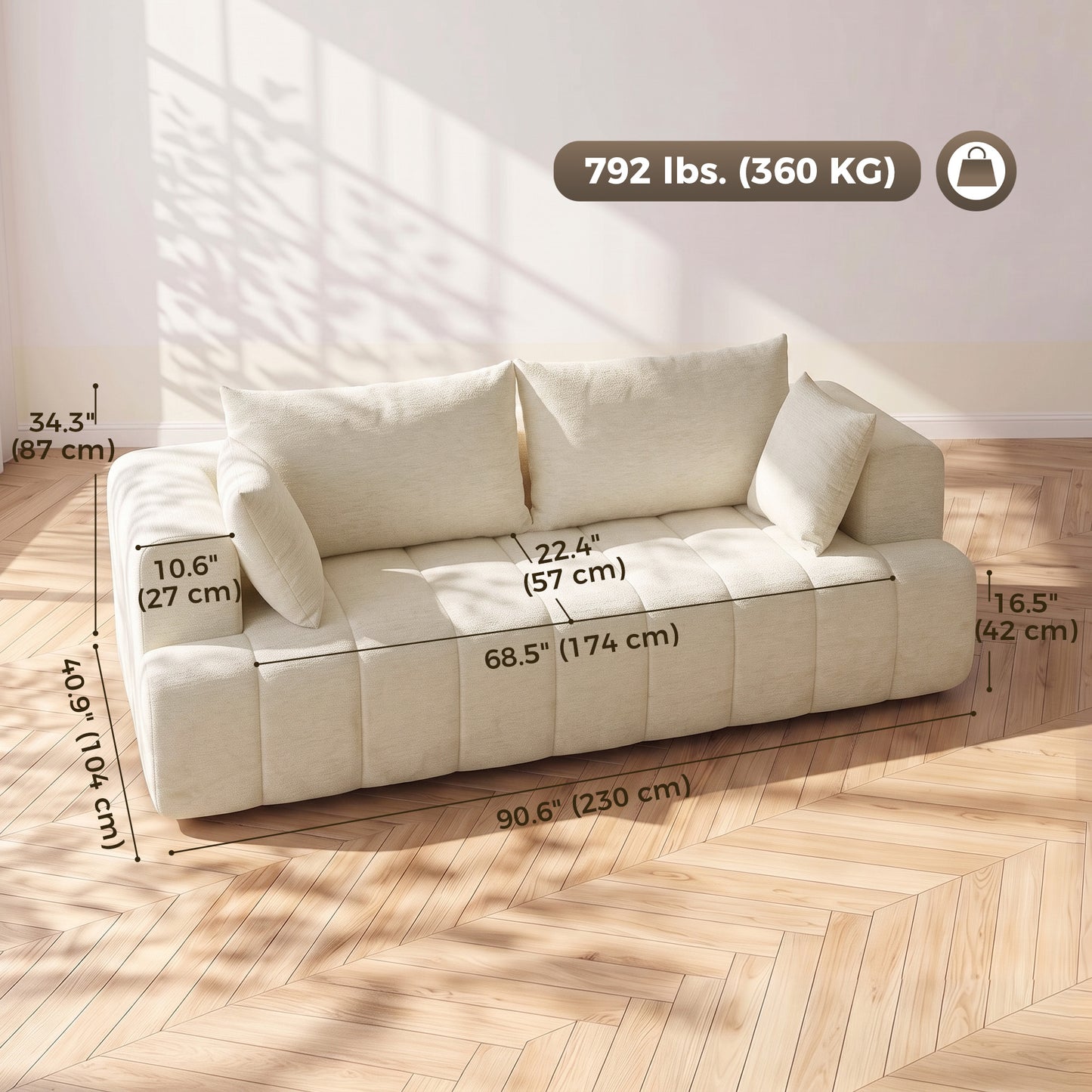 Sofa 3 places nuage en chenille avec ressorts ensachés