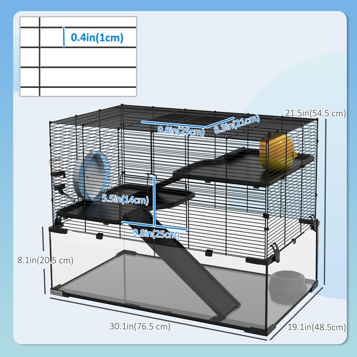 Cage à hamster à trois niveaux avec bac en verre