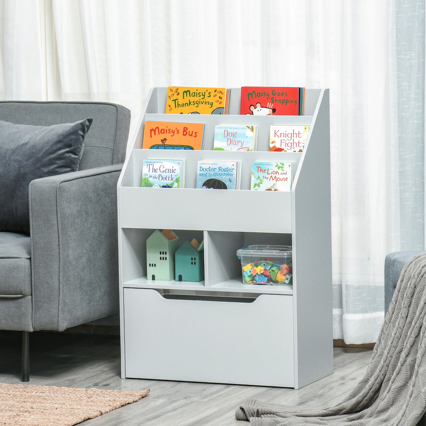 Bibliothèque enfants avec rangement tiroir roulettes
