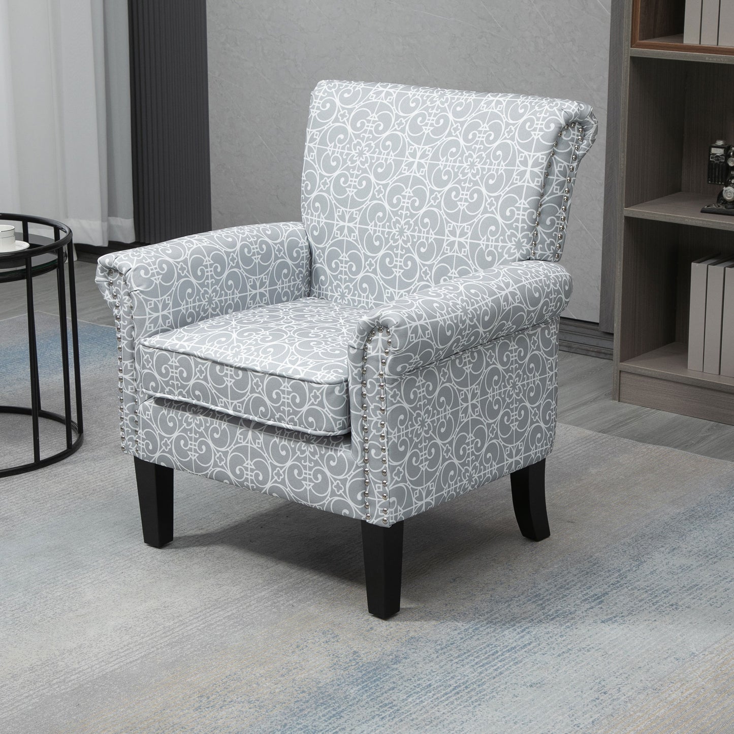 Fauteuil accent tissu lin clouté accoudoirs roulés