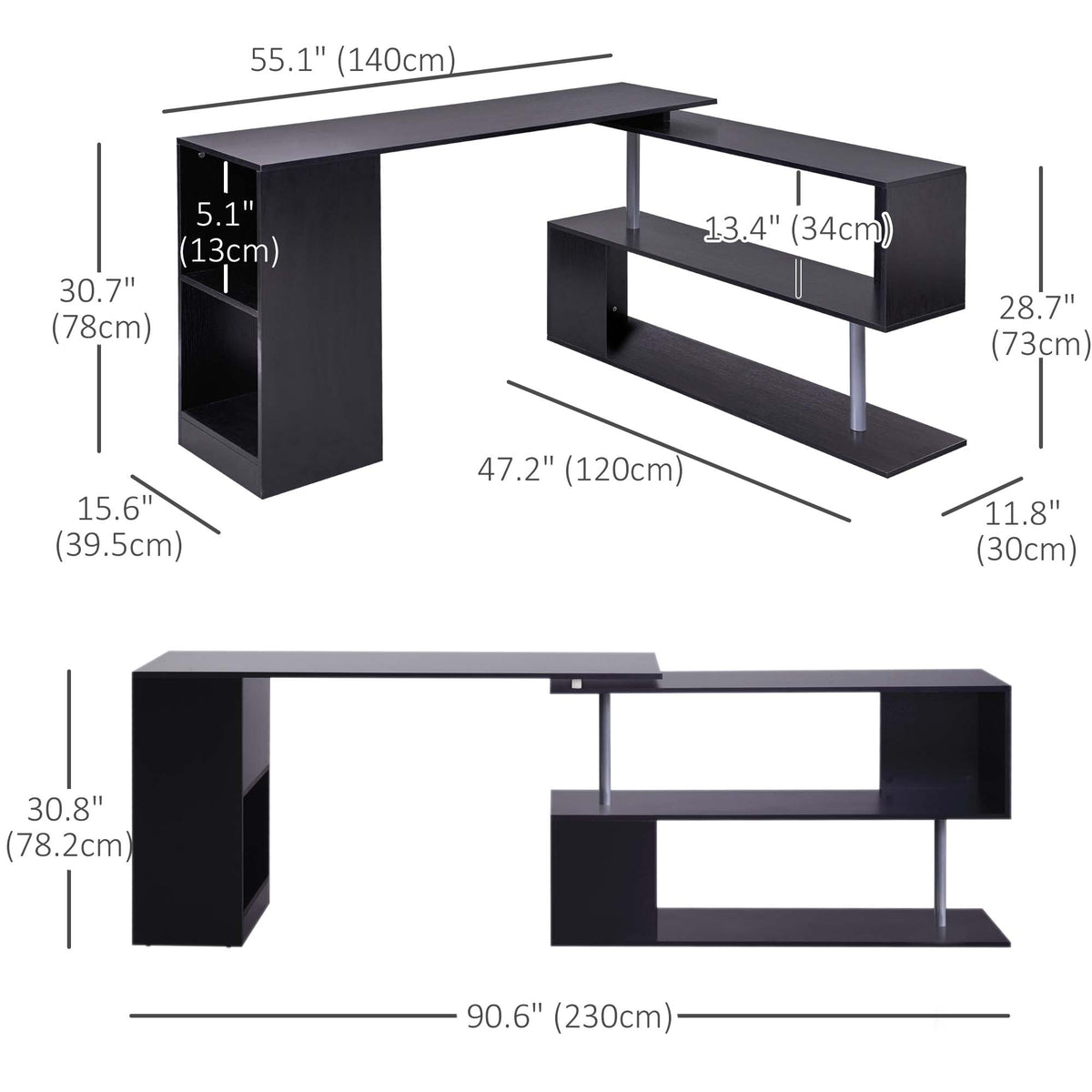 Bureau d'angle rotatif 360° avec étagères 3 niveaux
