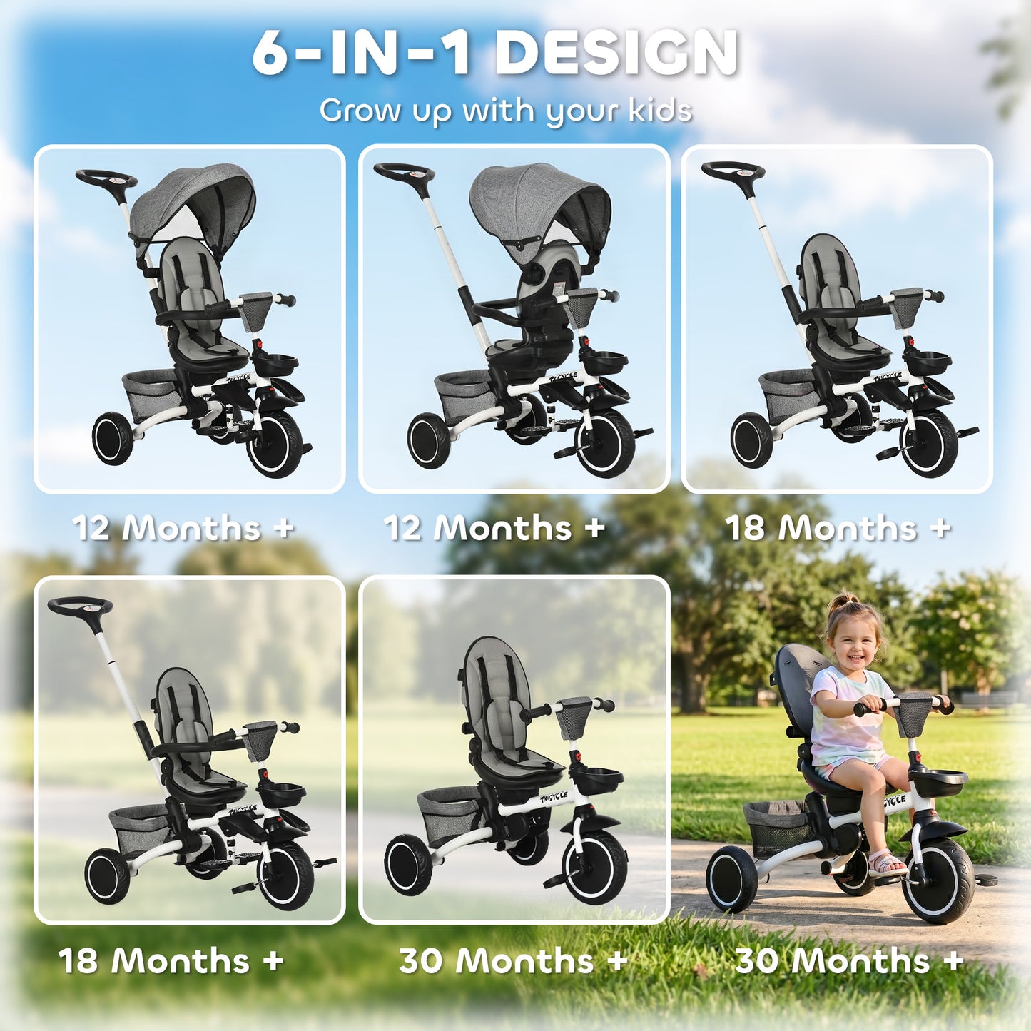 Tricycle évolutif 6-en-1 convertible poussette vélo enfant