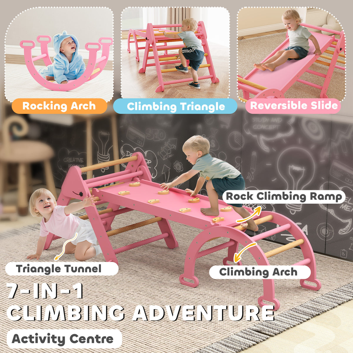 Ensemble triangle de Pikler 7-en-1 pliable en bois