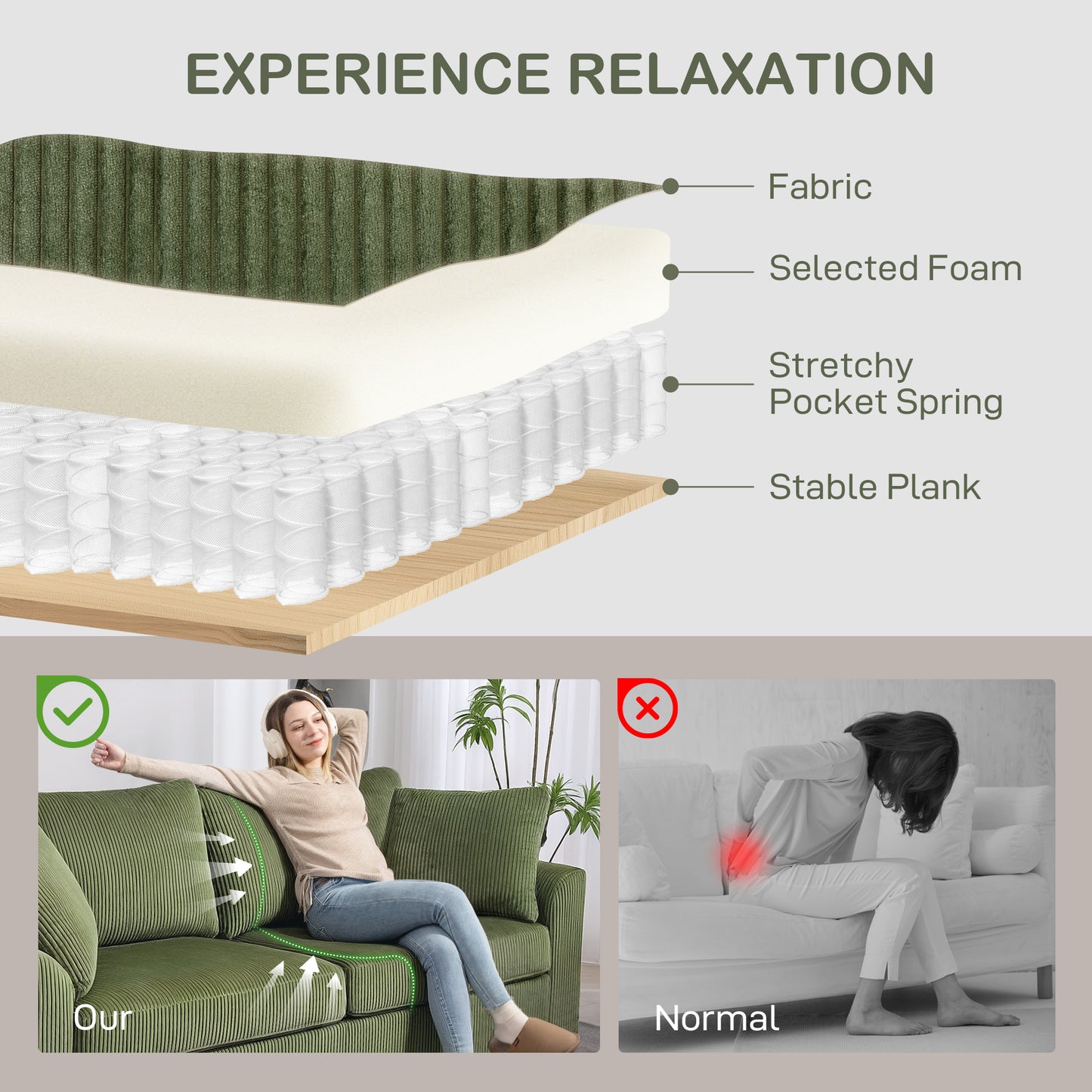 Sofa 3 places moderne en velours côtelé avec ressorts