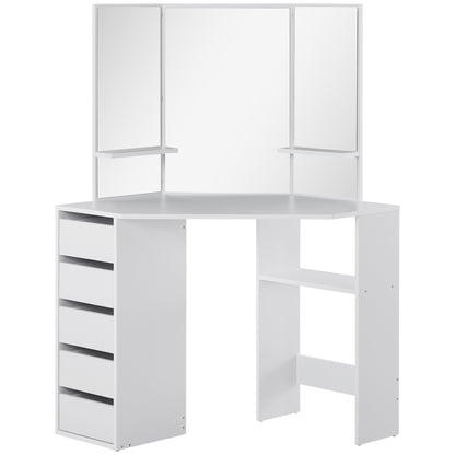 Table de maquillage d'angle miroir triptyque avec tiroirs