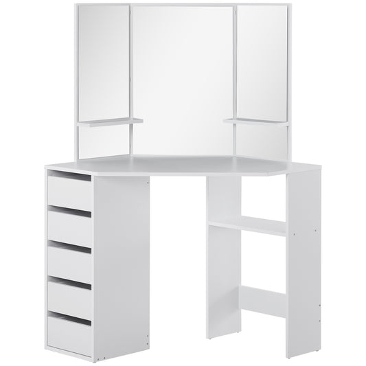 Table de maquillage d'angle miroir triptyque avec tiroirs