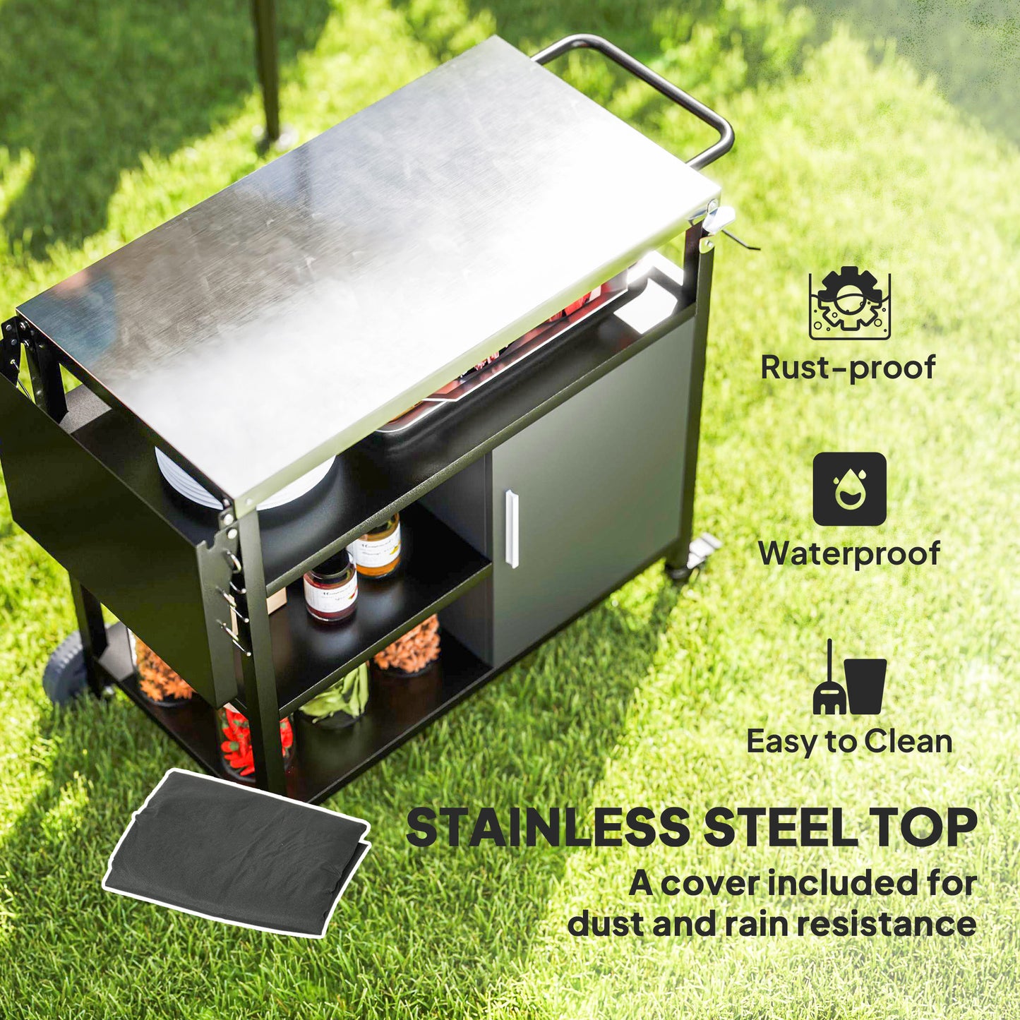 Chariot BBQ pliant acier inoxydable avec tablettes roulettes
