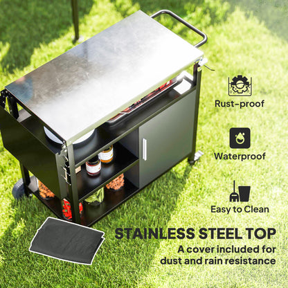 Chariot BBQ pliant acier inoxydable avec tablettes roulettes