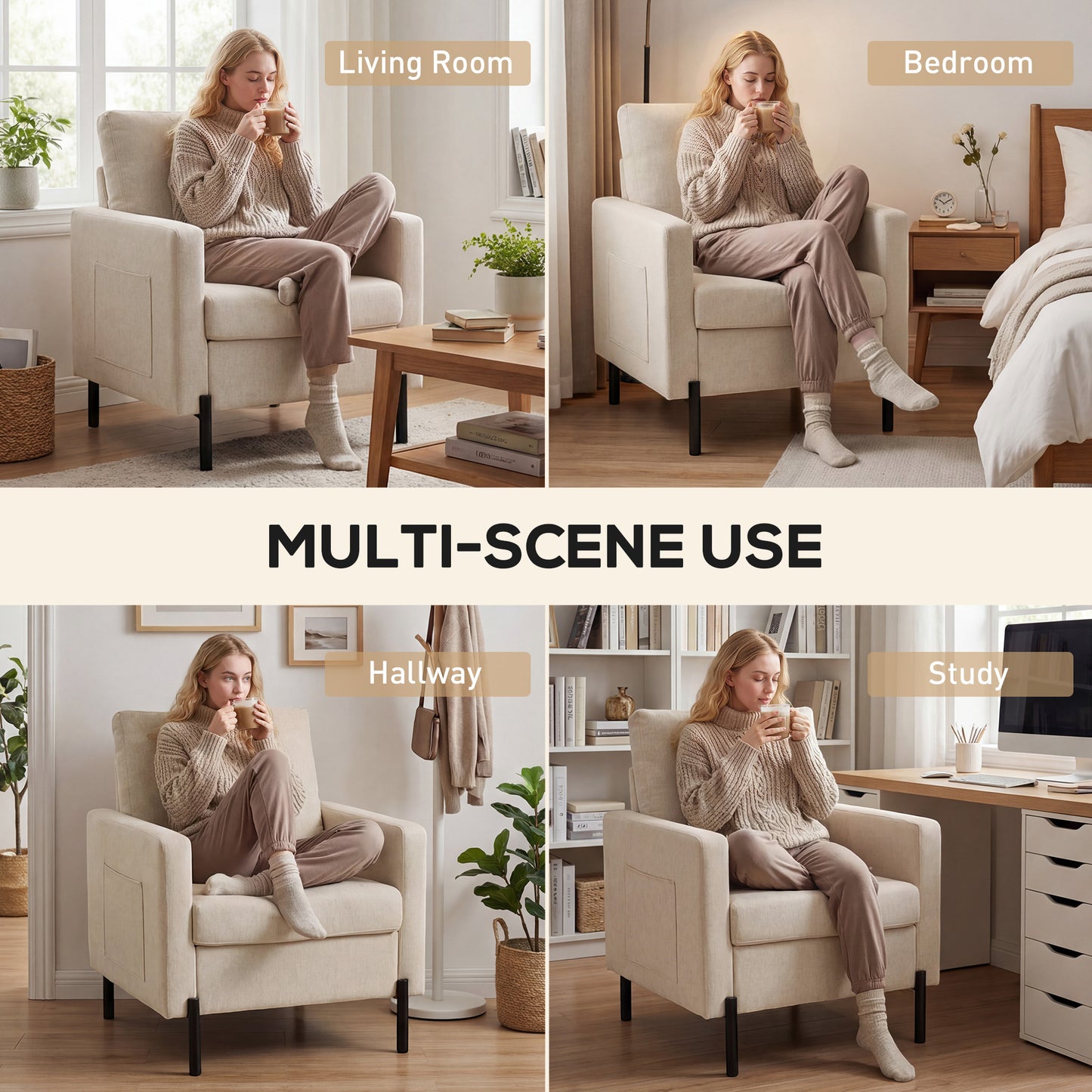 Fauteuil d'appoint rembourré avec poches latérales