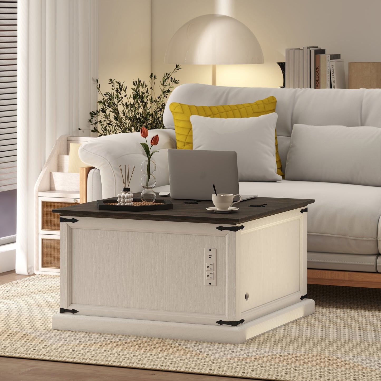 Table basse relevable avec station de recharge et rangement