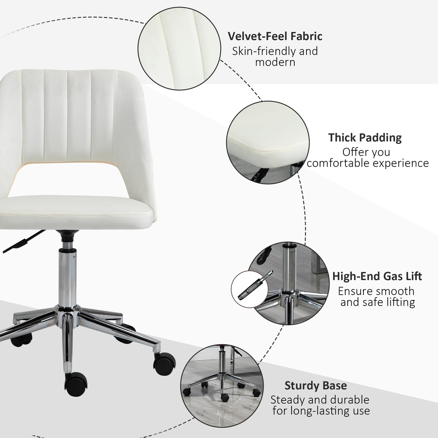 Chaise de bureau mi-hauteur velours forme festonnée pivotante