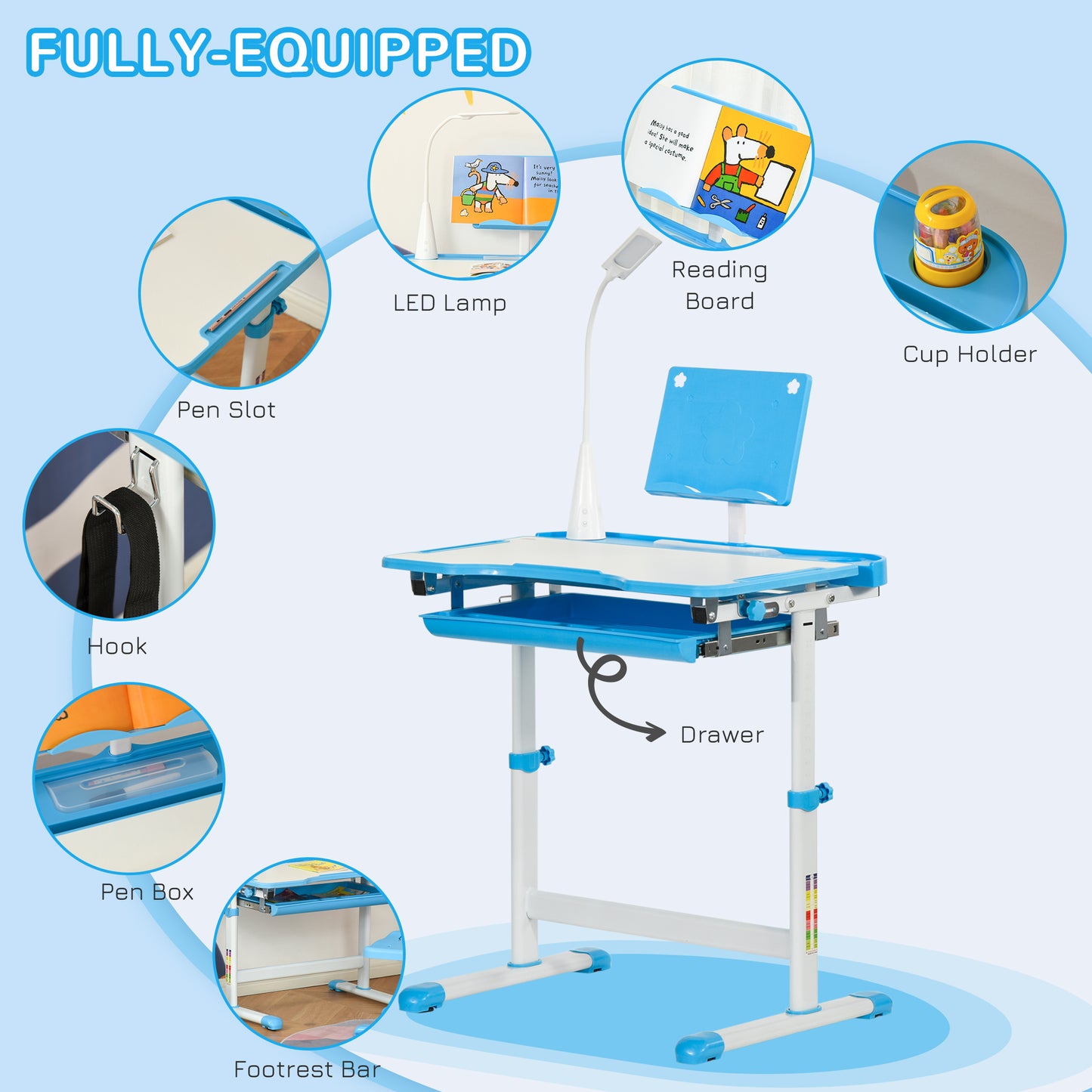 Bureau enfant ajustable avec chaise et lampe LED