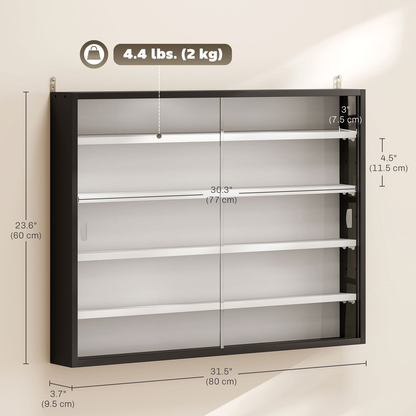 Vitrine murale 5 tablettes avec 2 portes en verre