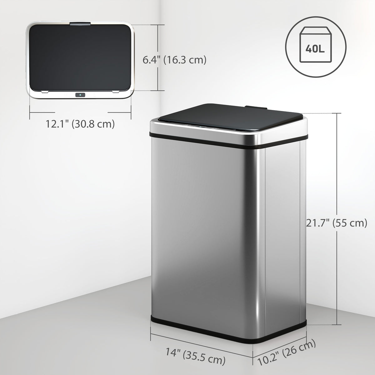 Poubelle automatique sans contact 40 L acier inoxydable