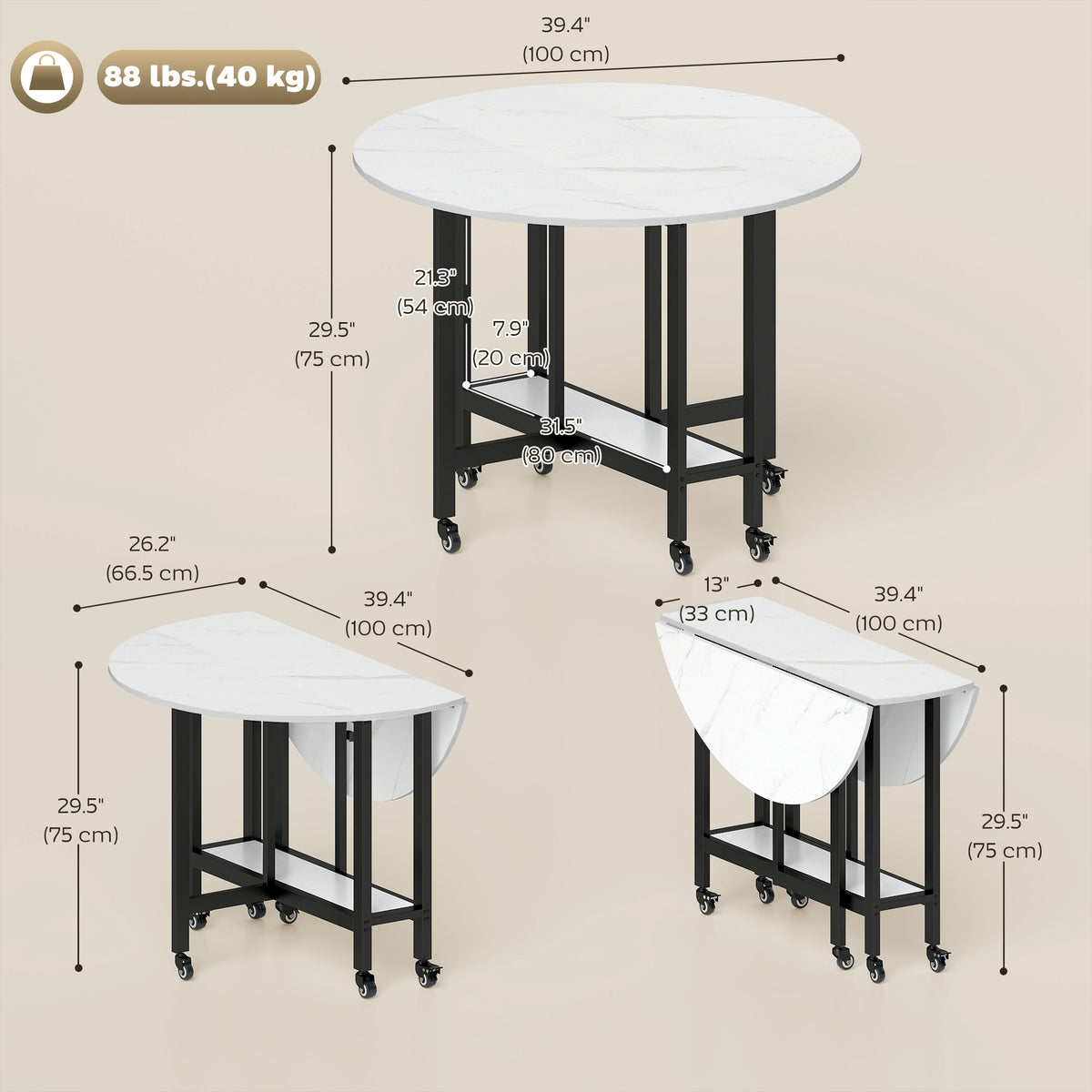 Table à manger pliante avec tablette — blanc marbre