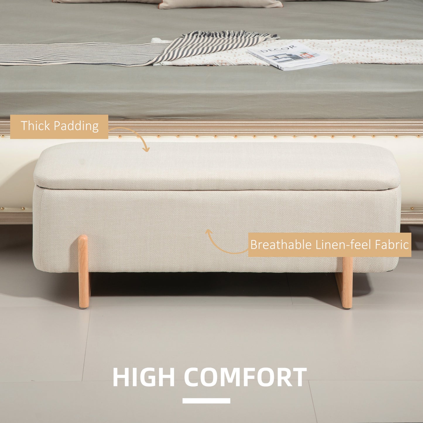 Banc coffre rembourré tissu lin pieds en bois