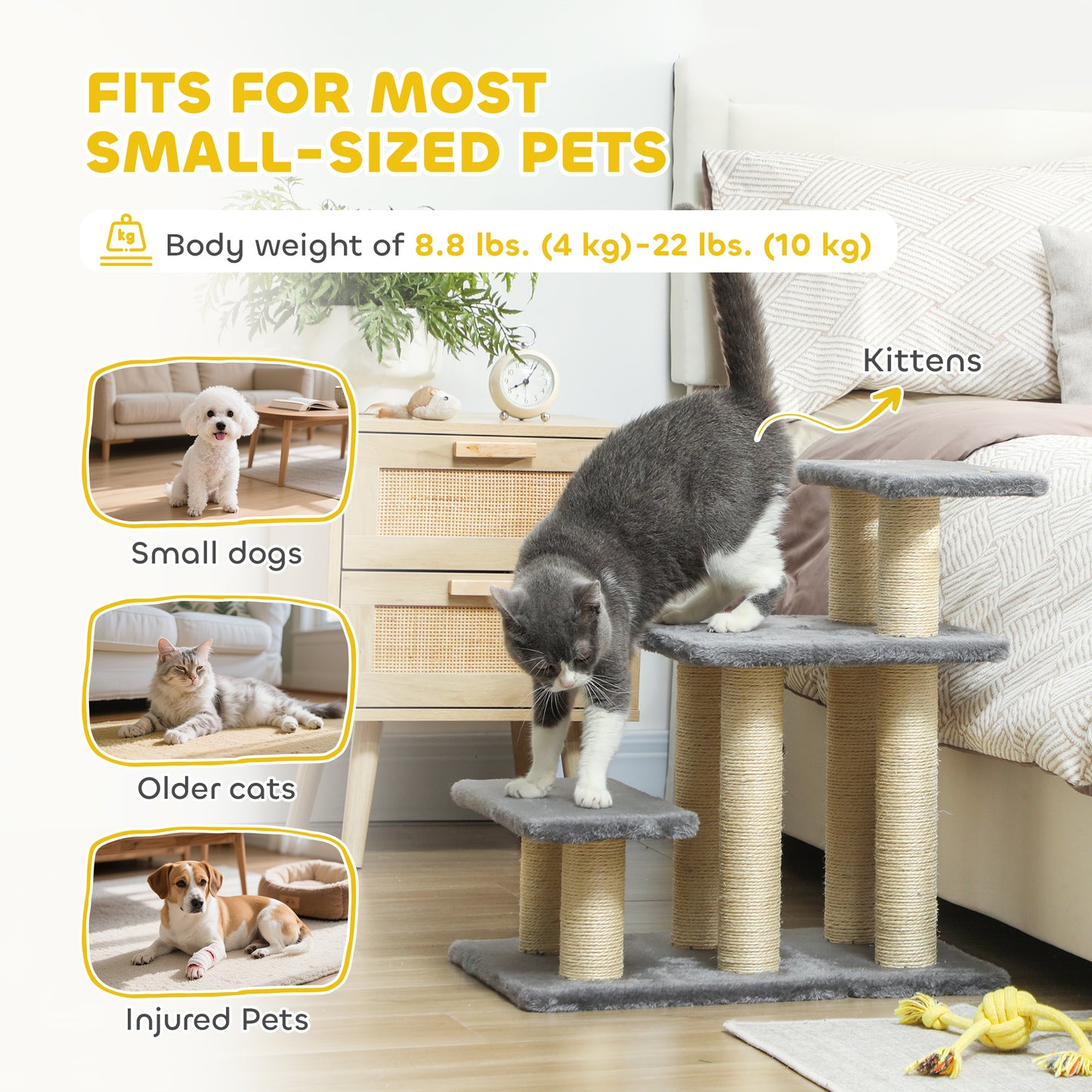 Escalier pour chat avec griffoir et jouet