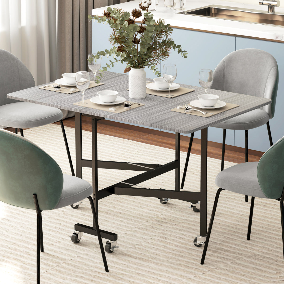 Table à manger pliante à roulettes pour six personnes