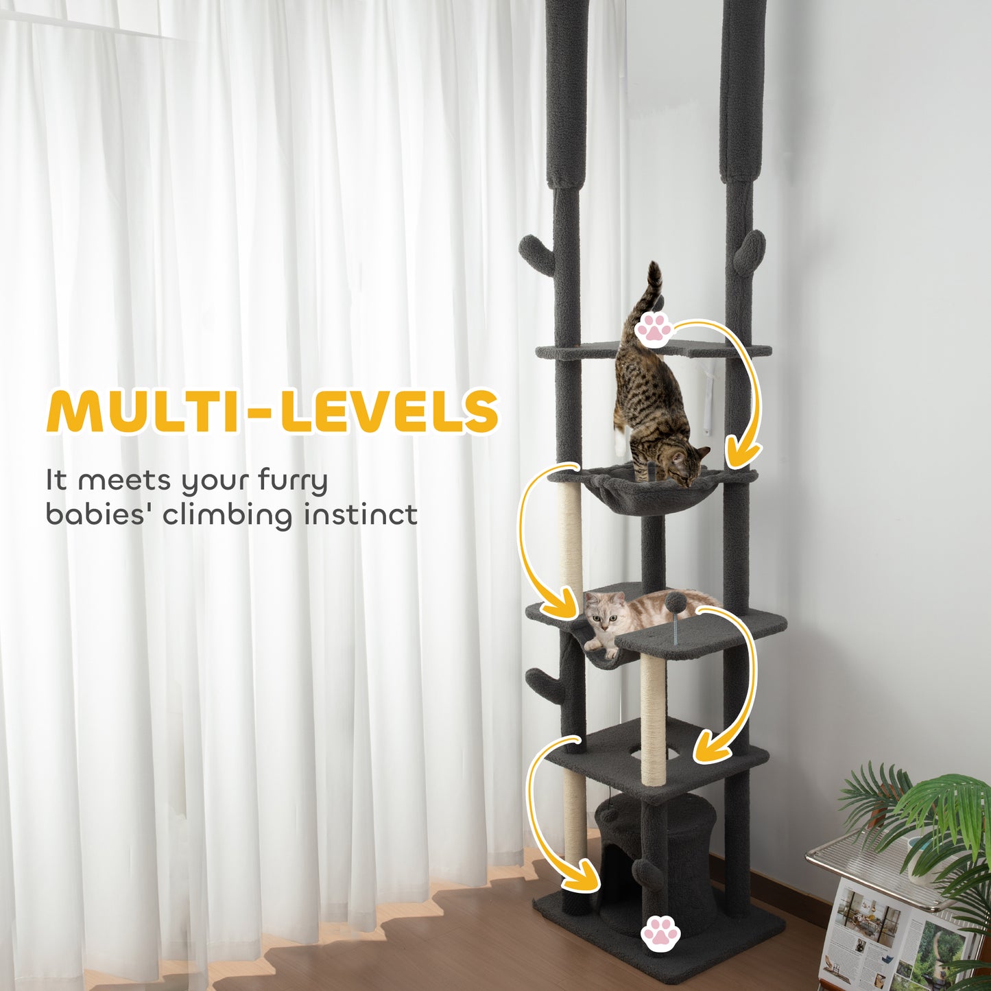 Arbre à chat plafond-sol ajustable 225-255cm avec hamacs