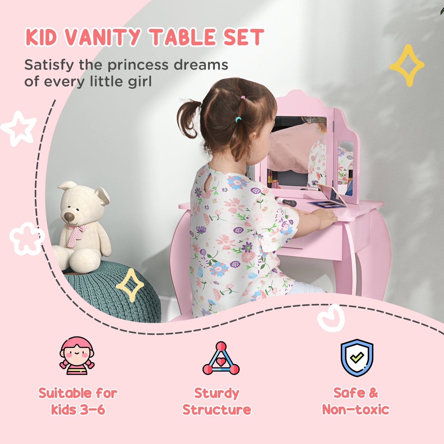 Coiffeuse enfant avec tabouret et miroirs pliants