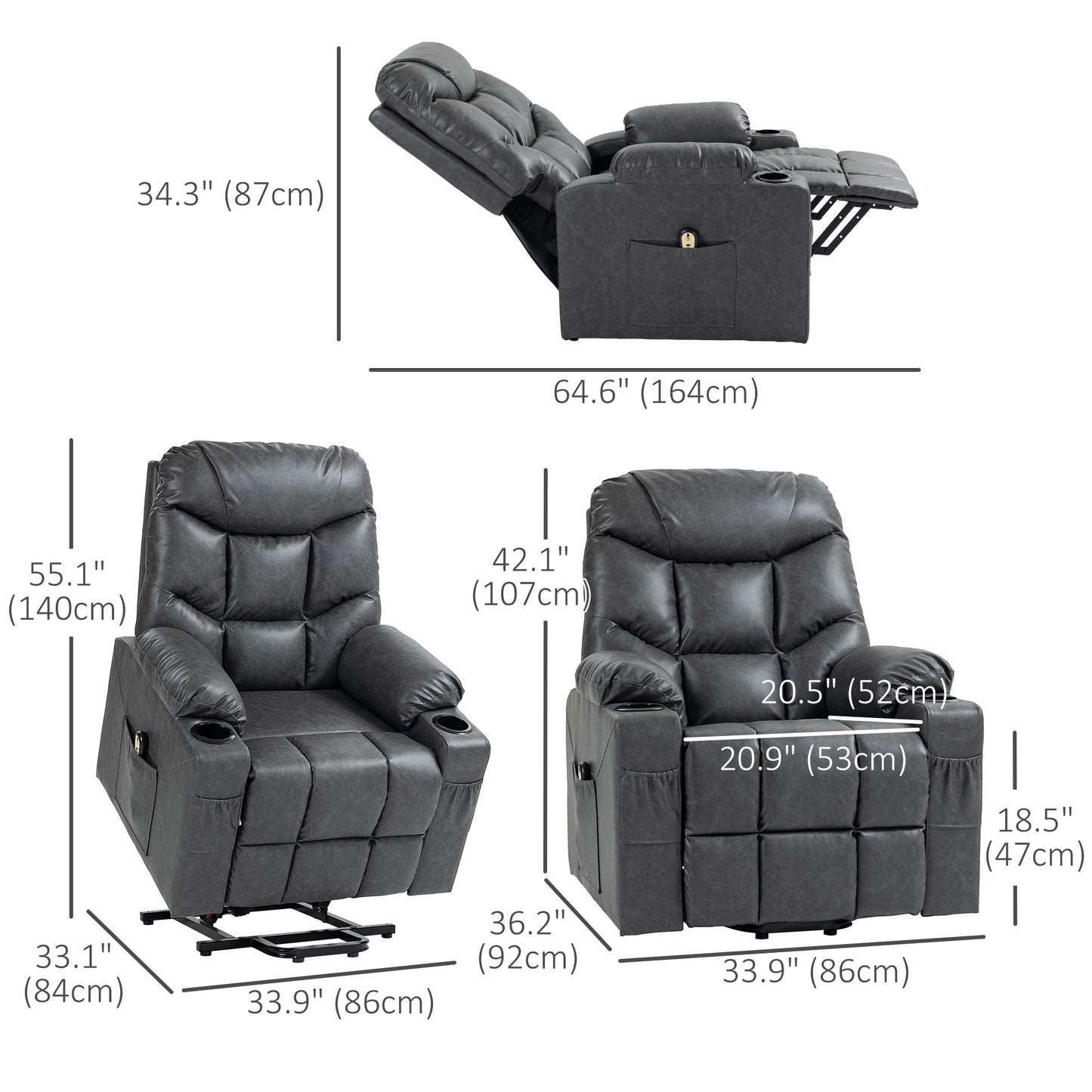 Fauteuil releveur électrique en similicuir avec porte-gobelets