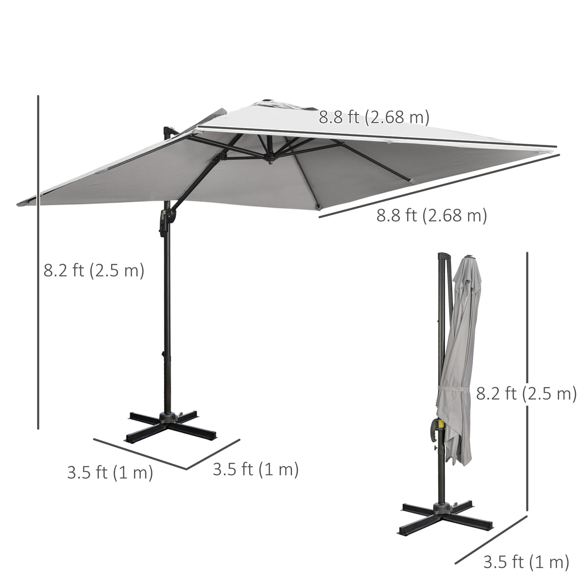 Parasol déporté carré inclinable avec manivelle et pied