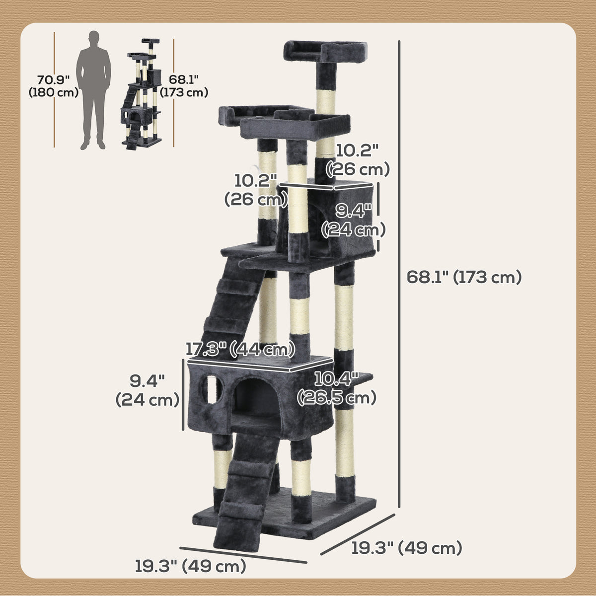 Tour de griffage multi-niveaux pour chat 173 cm