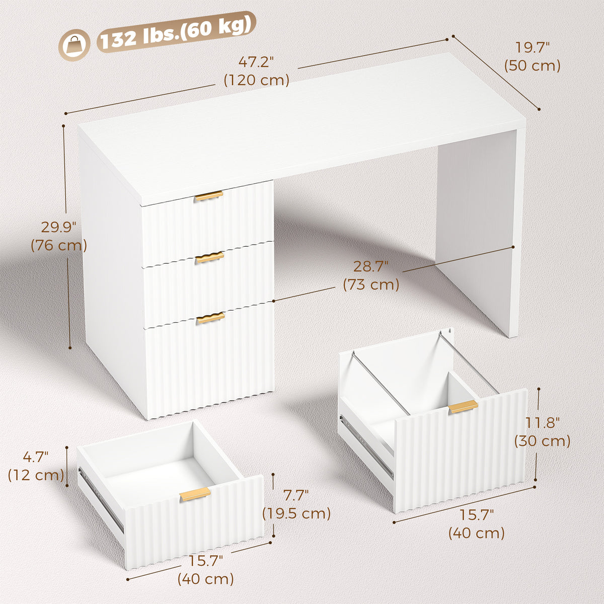 Bureau d'ordinateur avec tiroirs et caisson réversible 120 x 50 cm