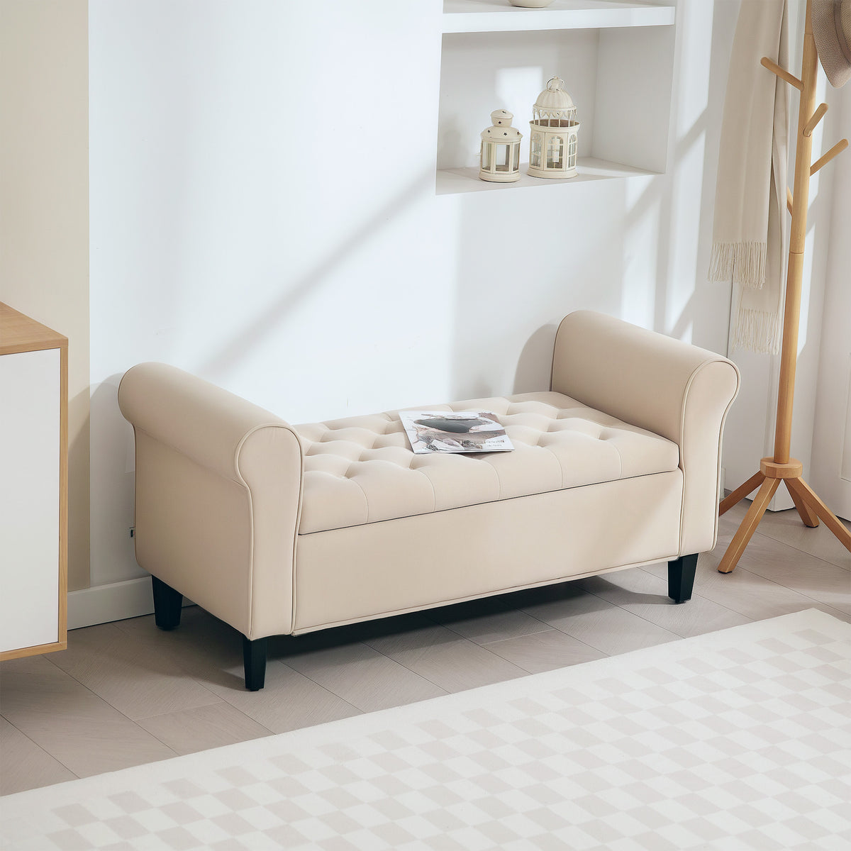 Banc de rangement capitonné avec accoudoirs