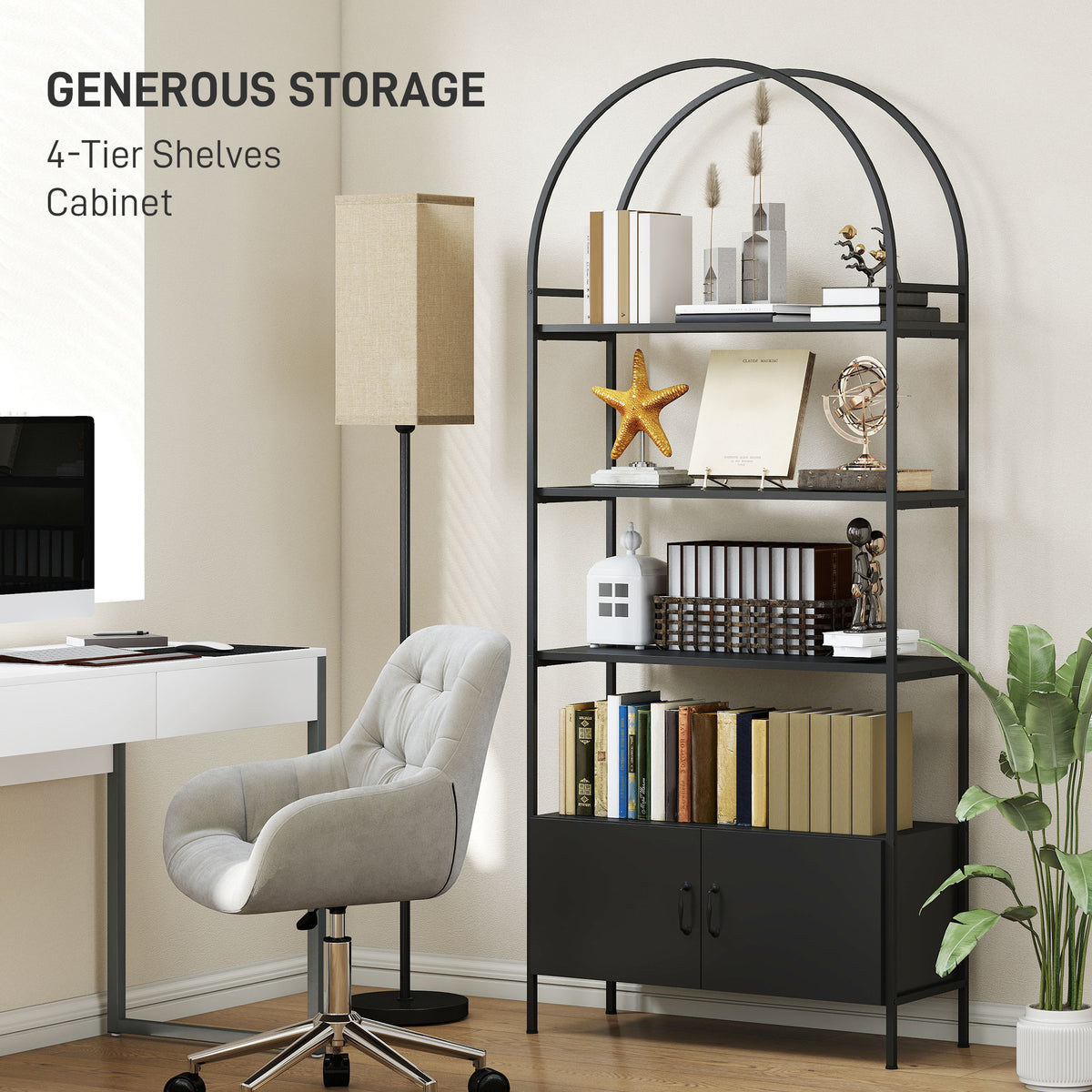 Bibliothèque arquée à 4 niveaux avec meuble de rangement