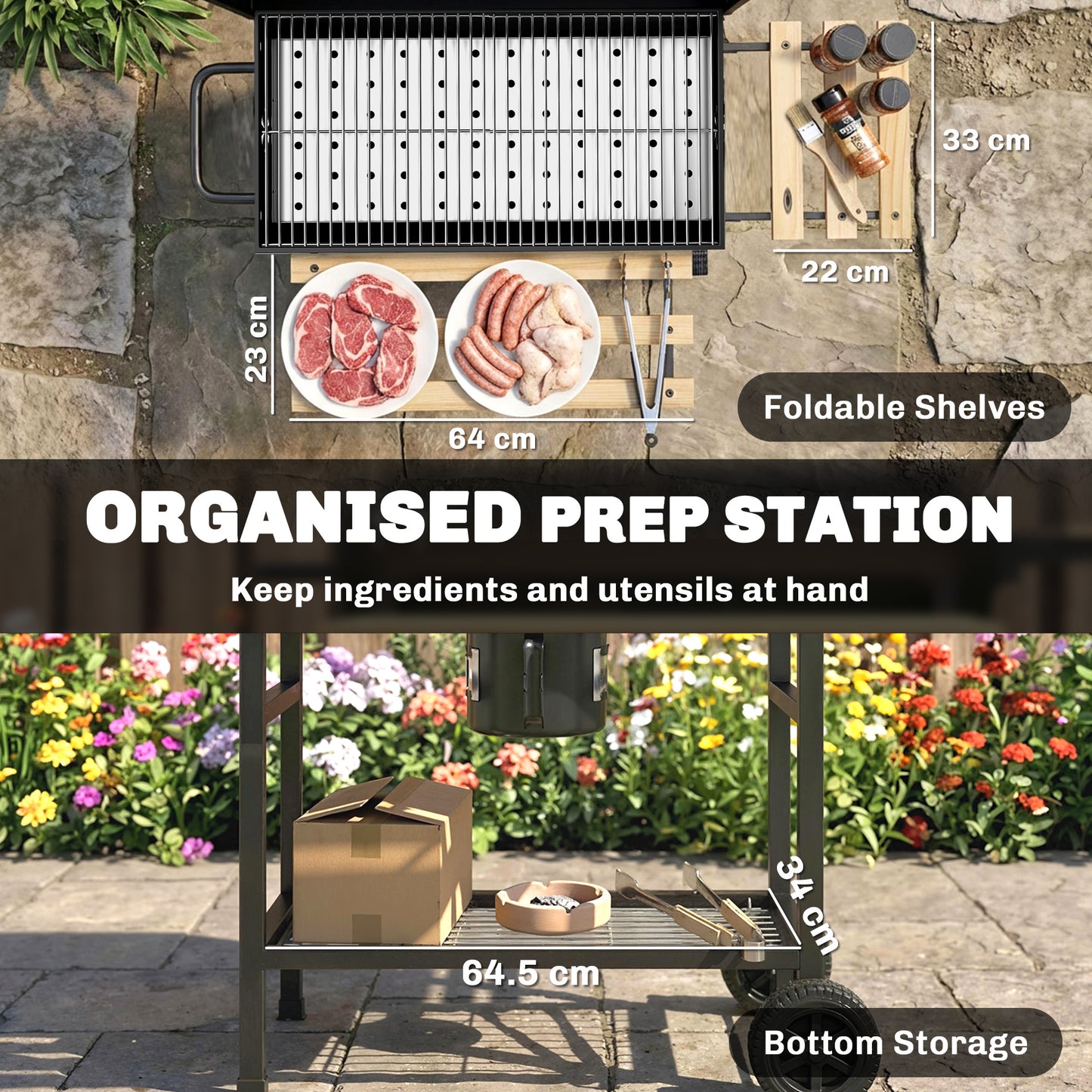 BBQ au charbon avec tablettes pliables et roulettes