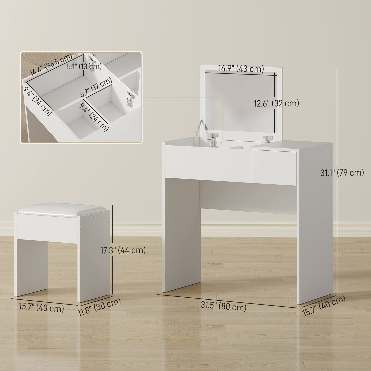 Coiffeuse avec miroir rabattable et tabouret rembourré