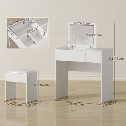 Coiffeuse avec miroir rabattable et tabouret rembourré