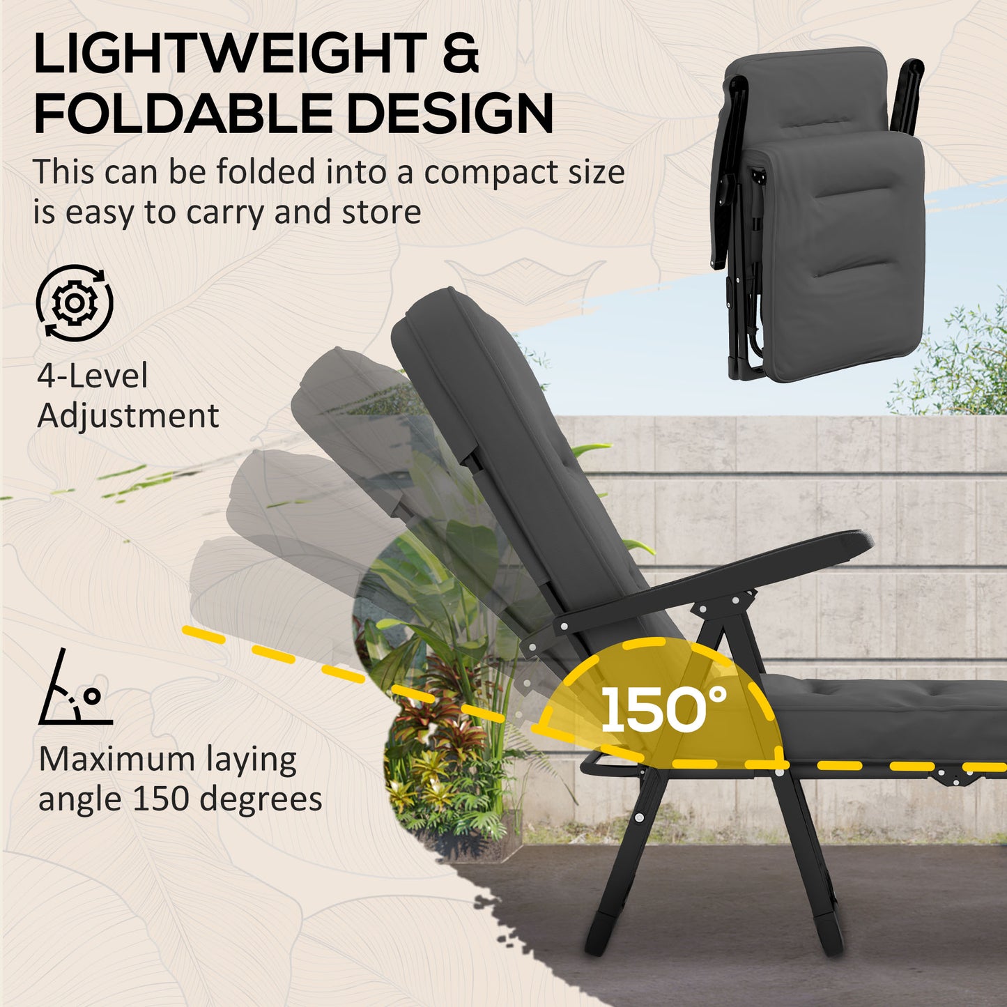 Chaise longue inclinable pliante avec repose-pieds rembourrée