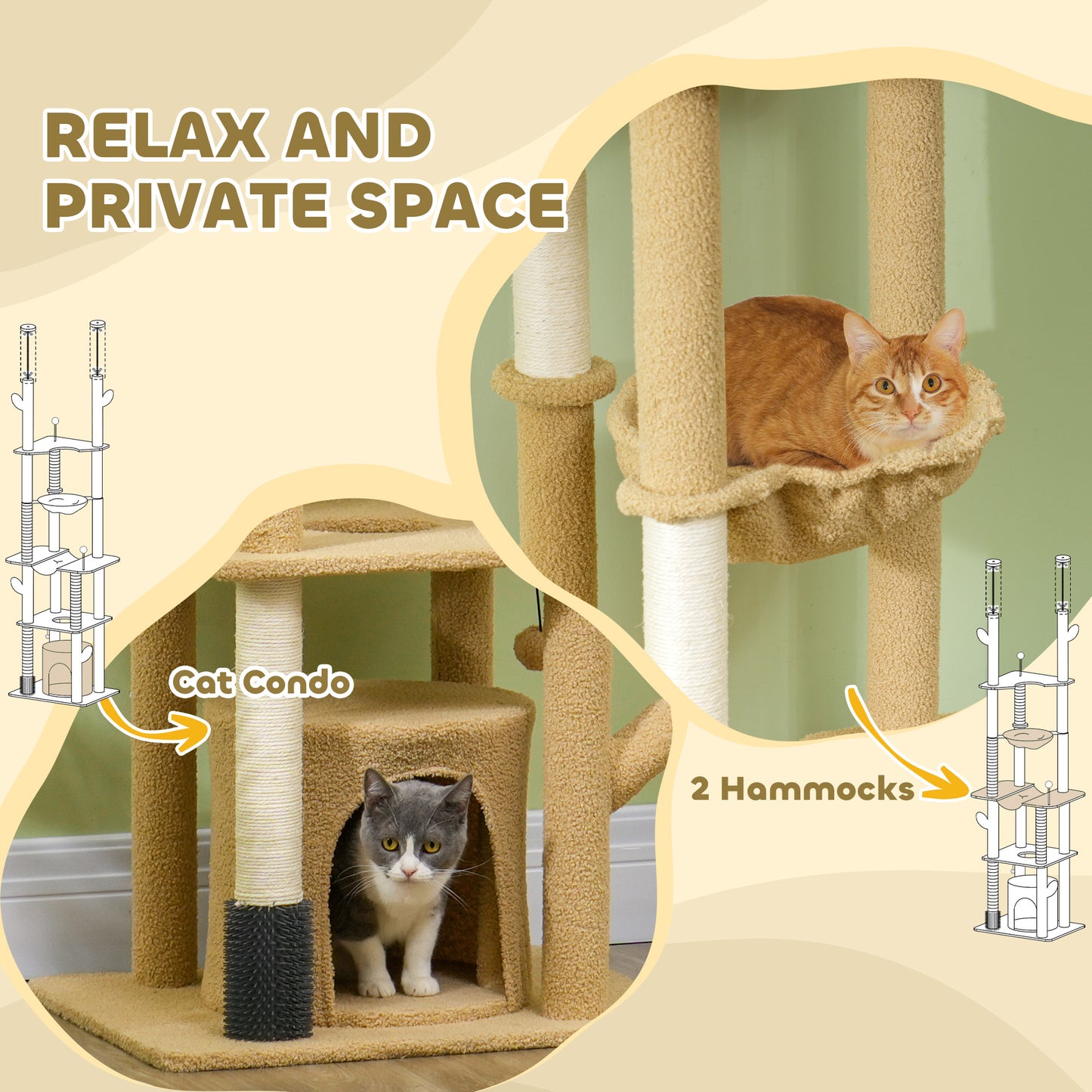 Arbre à chat plafond-sol ajustable 225-255cm avec hamacs