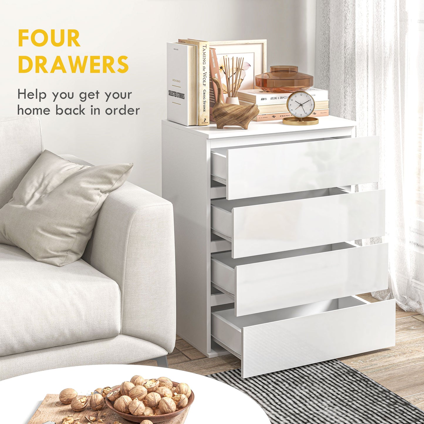 Commode 4 tiroirs fini haute brillance pour chambre