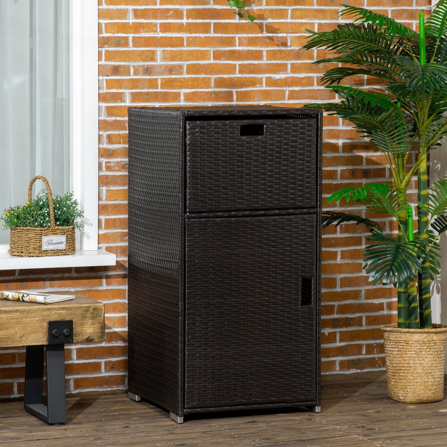 Armoire rangement patio rotin avec tiroir porte-serviettes