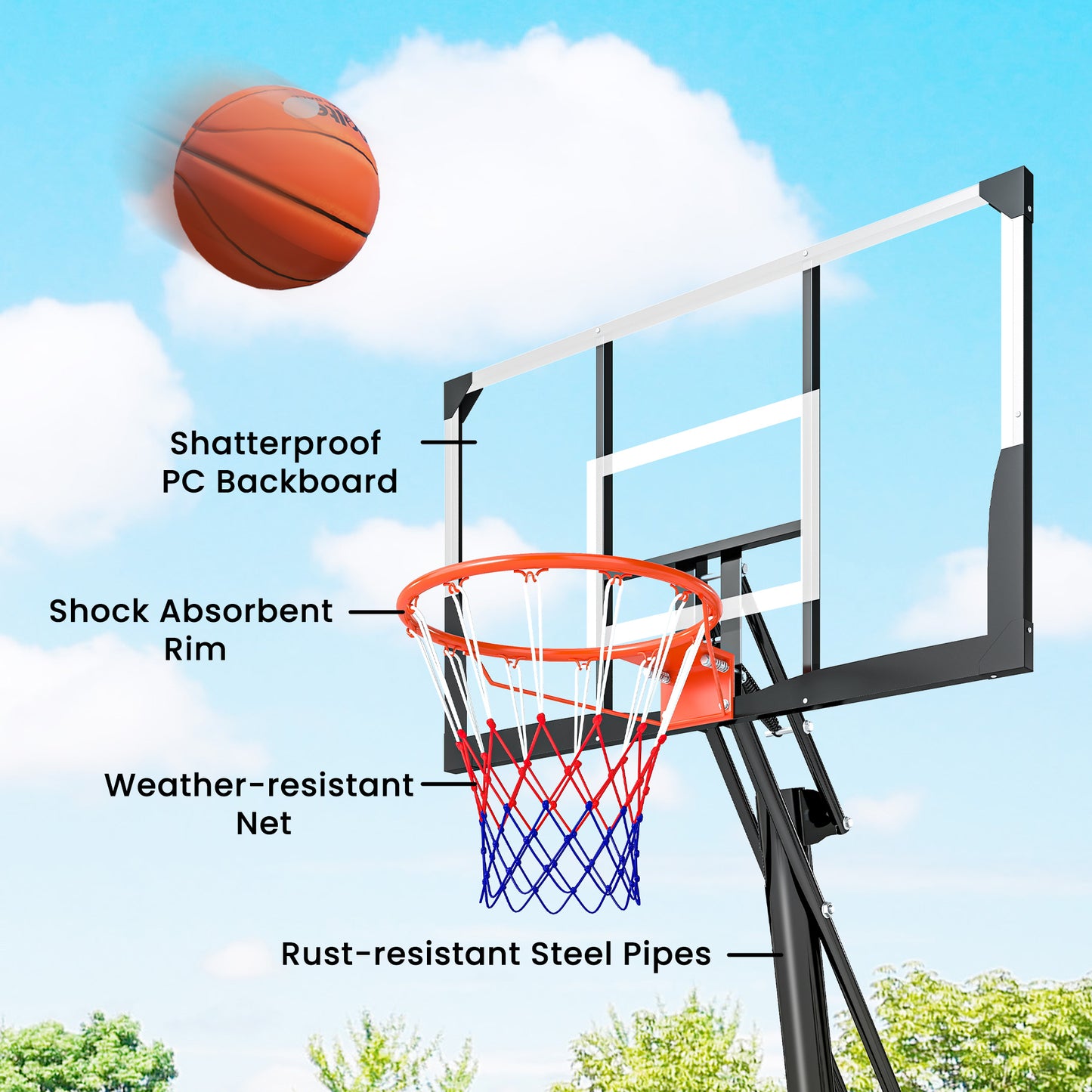 Panier de basketball réglable 244–305 cm avec planche 119 cm