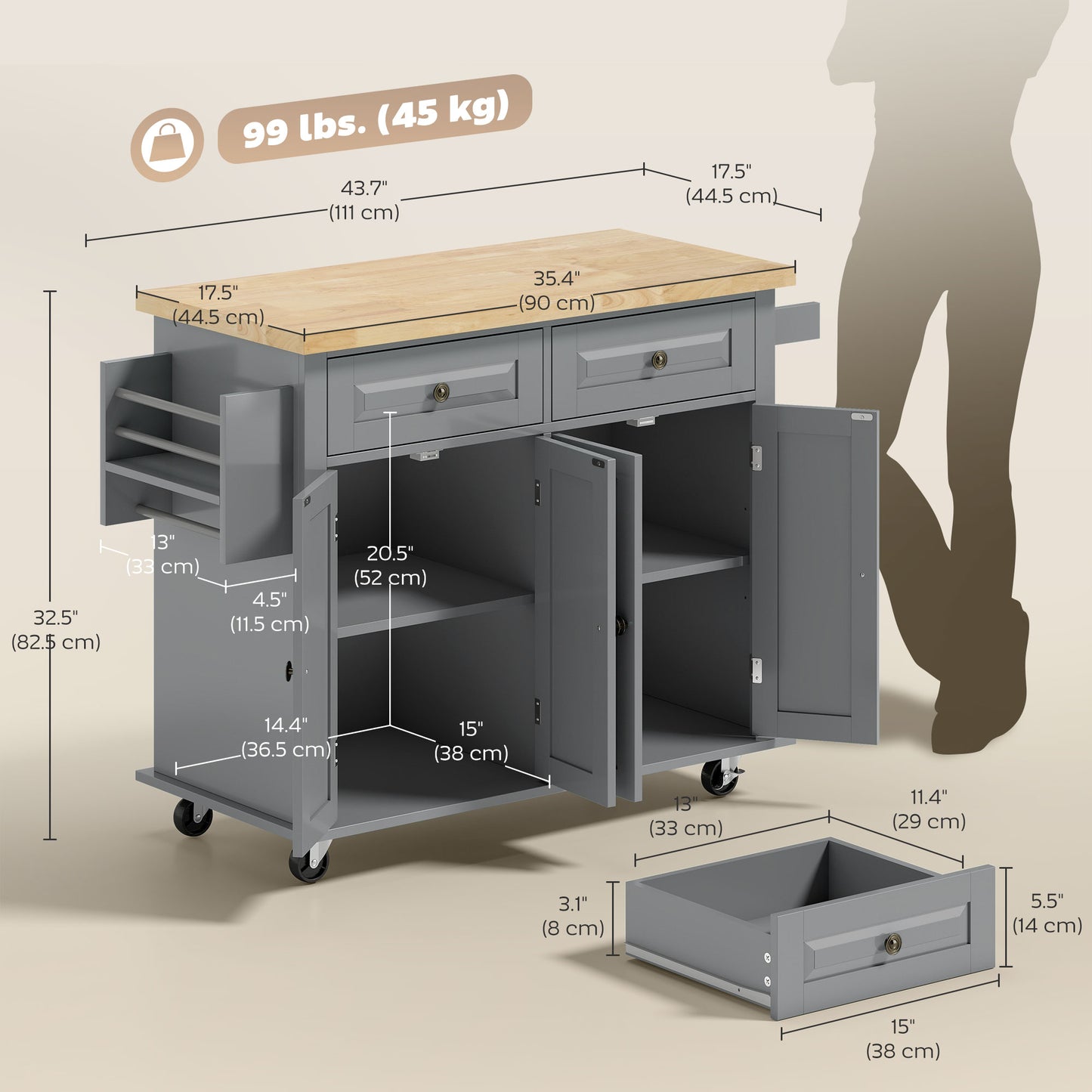 Îlot de cuisine mobile avec rangement et dessus bois