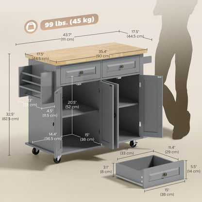 Îlot de cuisine mobile avec rangement et dessus bois