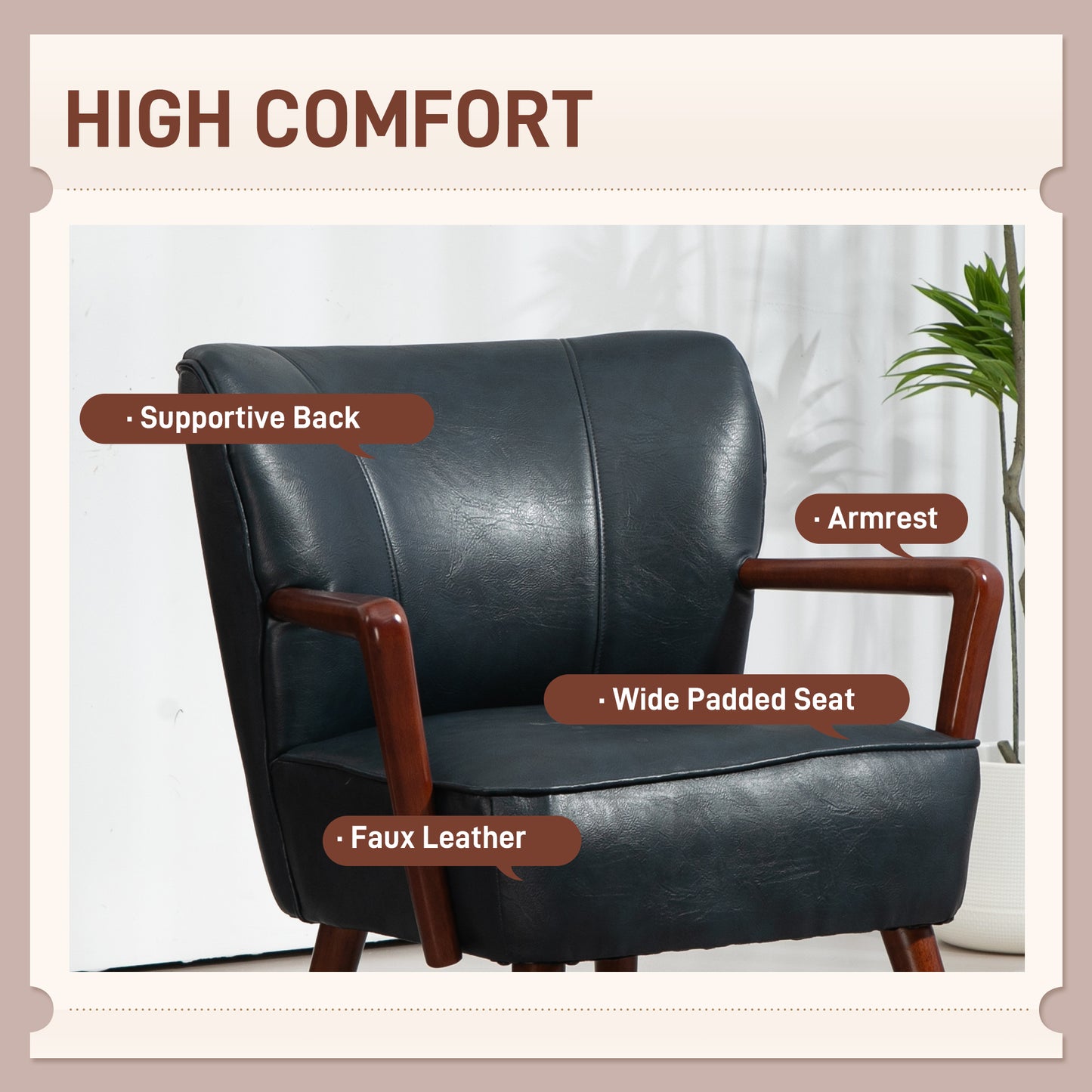 Fauteuil d'appoint moderne en similicuir avec pattes en bois