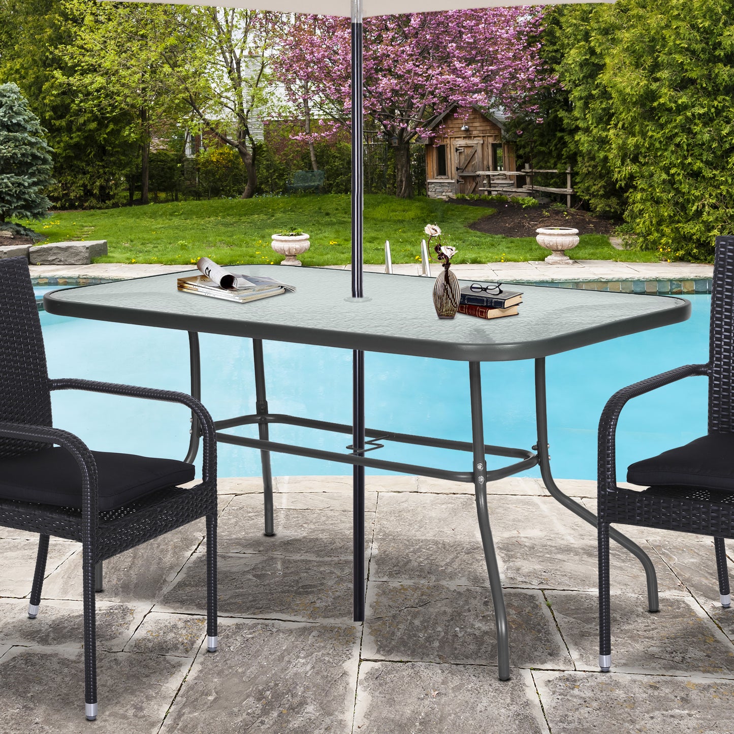 Table de patio en verre trempé avec trou pour parasol