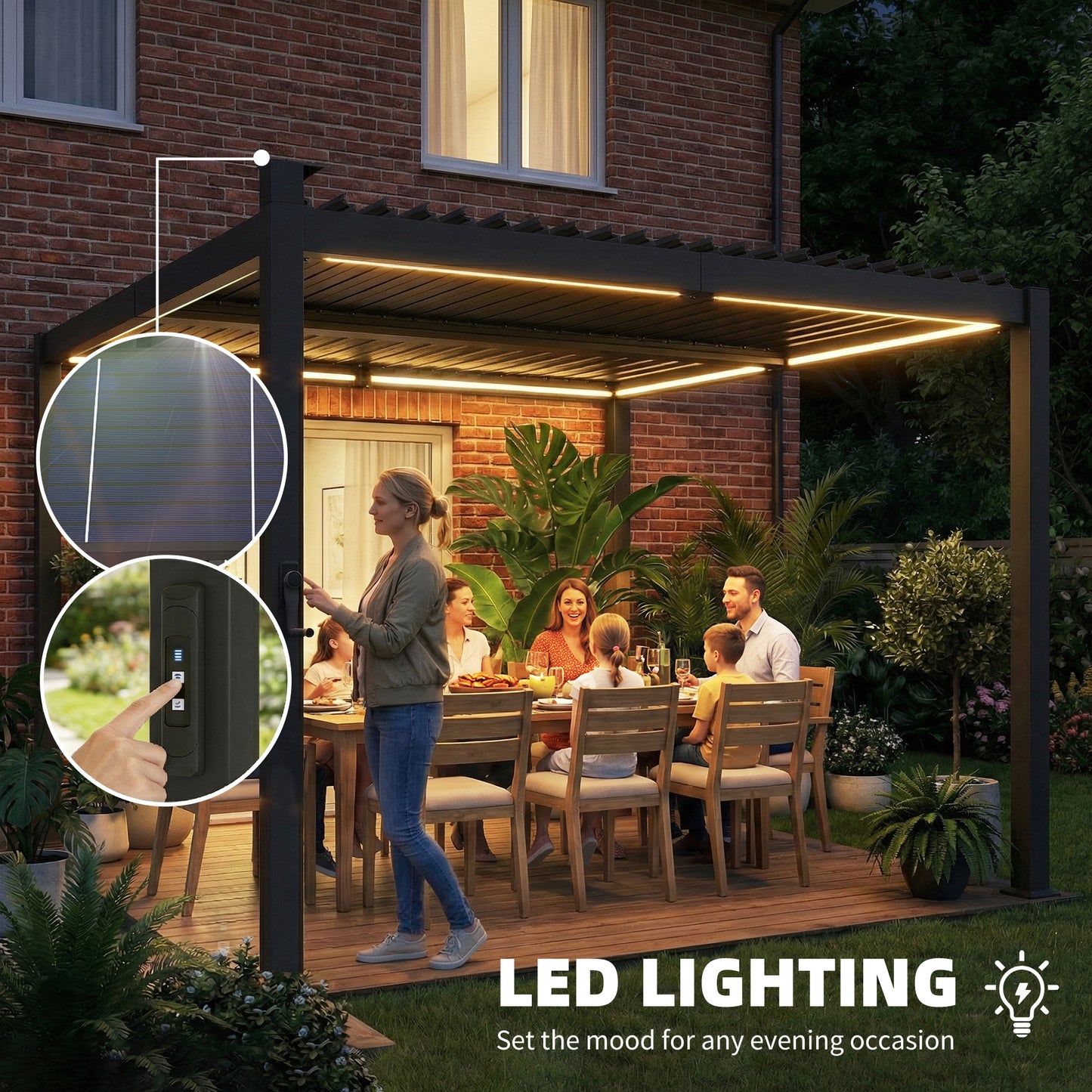 Pergola à lamelles avec éclairage solaire et toit métallique